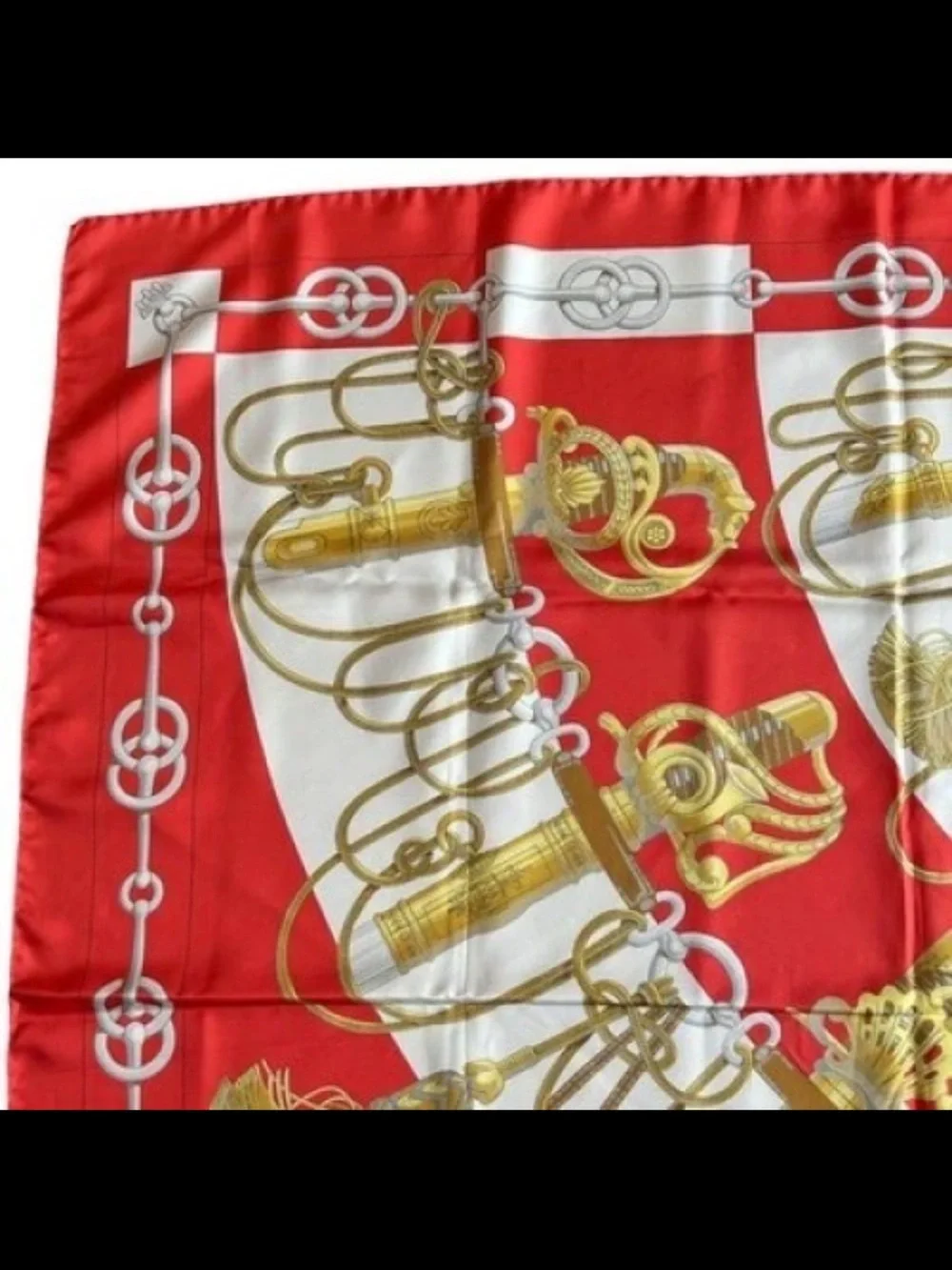 Hermes Red White and Gold Equestrian Print Silk Scarf